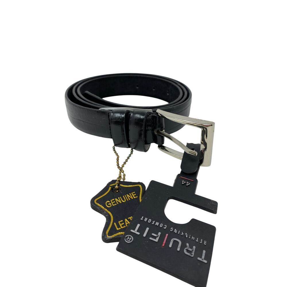 Tru Fit Black Genuine Leather Belt Mens Size 44 Croc Embossed NEW